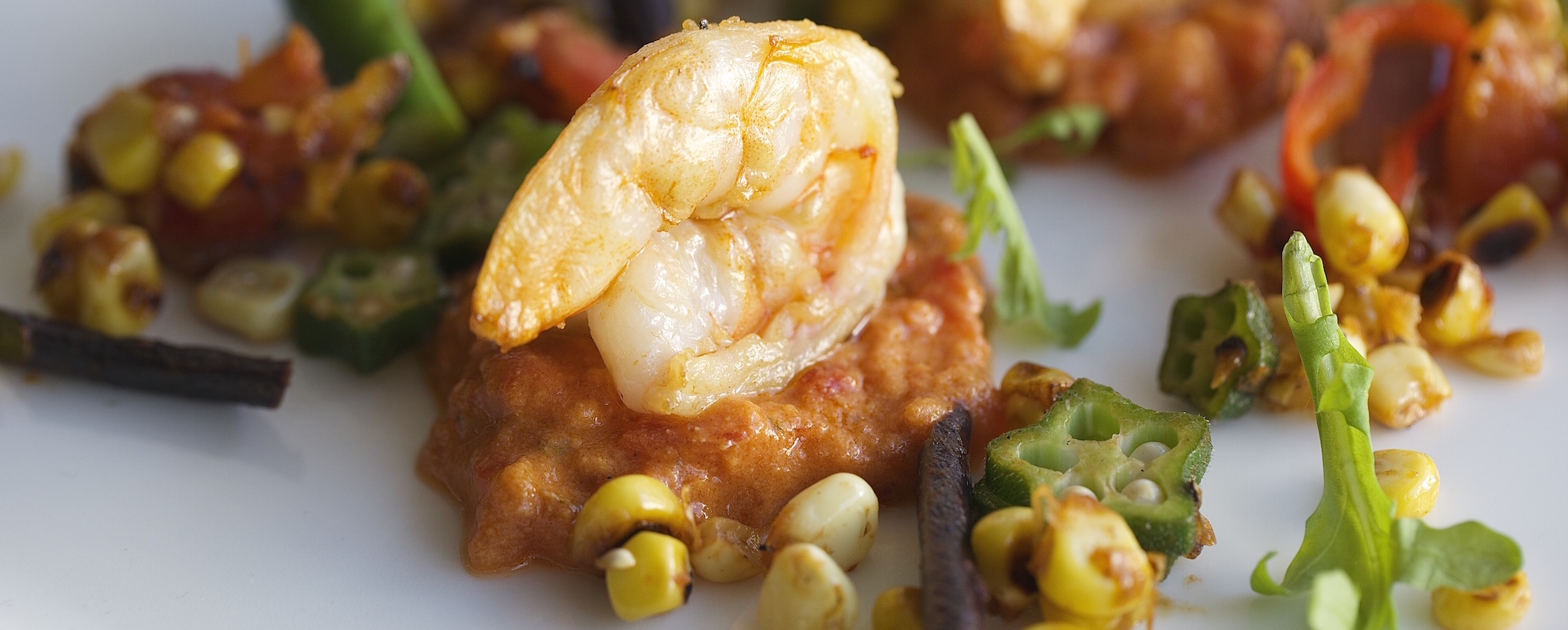 Shrimp & Okra Succotash with Four J Romesco